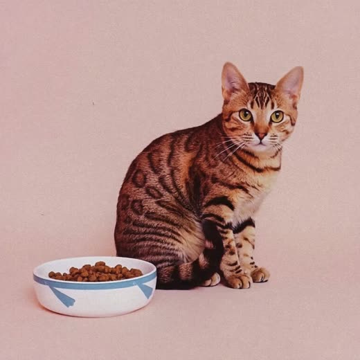 A tabby cat beside a feeding bowl